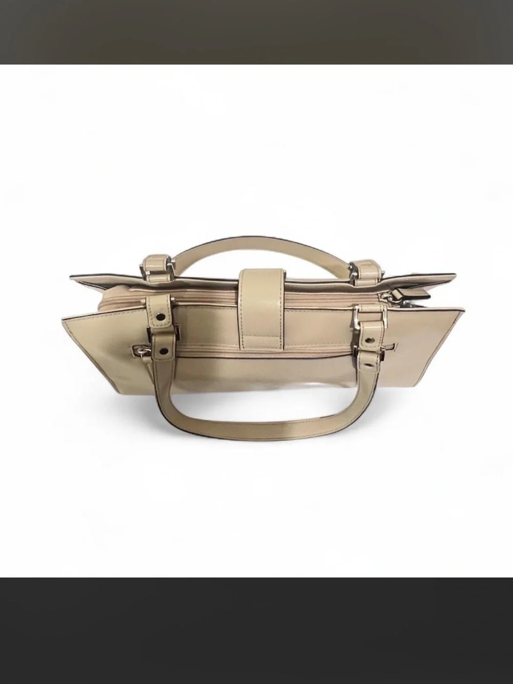 Guess Beige Patent Leather Satchel with Silver Hardware